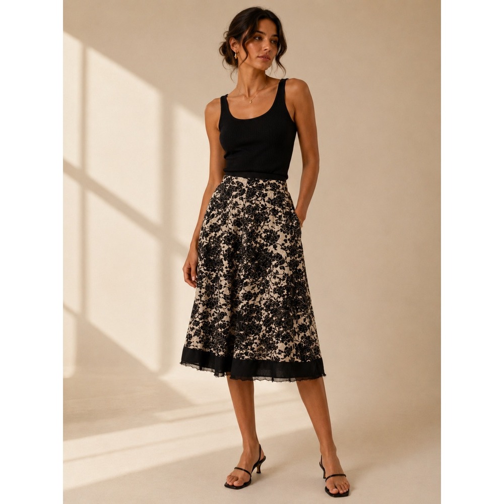 Nygard Collection Skirt 10 Black White Floral Chiffon Trim Midi French chic Boho